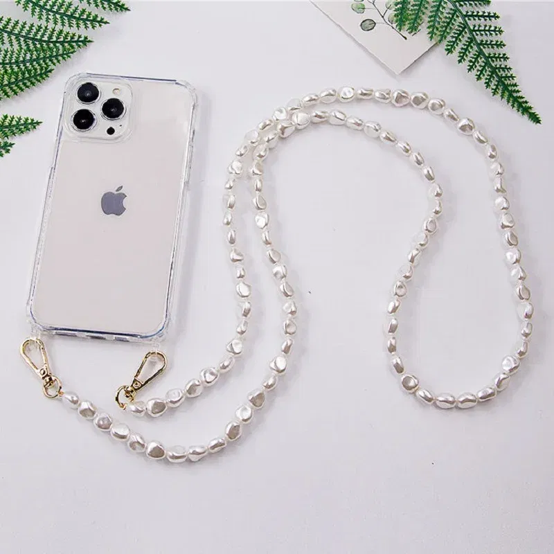 Color: Claret, Bundle: Case & Strap, Material: Microfiber - DIY Luxury Pearl Chain Crossbody Strap Shockproof Acrylic Lanyard Phone Case for iPhone 14 13 12 PRO 15 Pro Max X XS 12 MINI