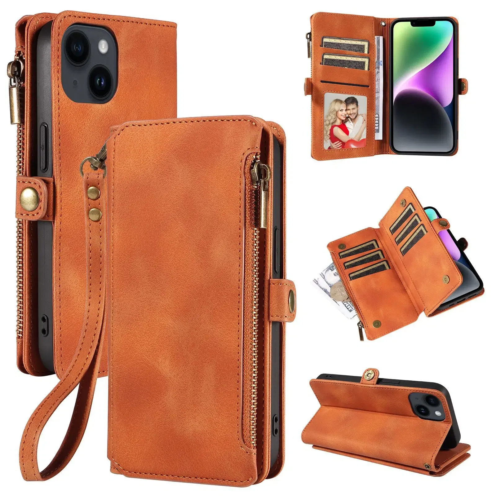 Color: Beige, Material: Vinyl - Zipper Multi 9 Cards Wallet Case for OPPO Reno 12 10 8 7 6 5 Pro 11F 11A 8T 6Z 5Z Retro Leather Lanyard Wrist Strap Phone Cover