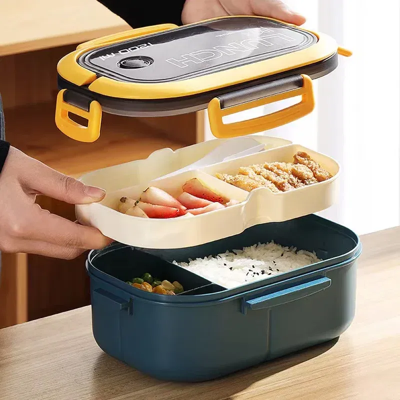 Color: Blue, Number of Compartments: 5, Number of Tiers: 2, Lunch Box Capacity: 1000ml - 1200ML 2 Layer Bento Lunch Box With Spoon Fork, Kid High Capacity Microwae Food Containers Portable Leakproof Office Camping