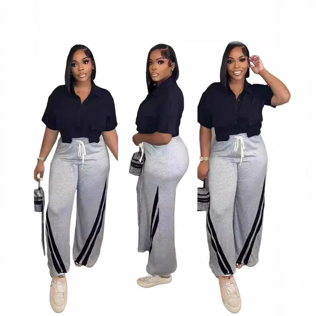 Color: black, Size: L - Women Wide Leg Pant Long Pants High Elastic Waist Elegant Splice Pocket Simple Casual Loose Straight Trousers Lace Up Streetwear