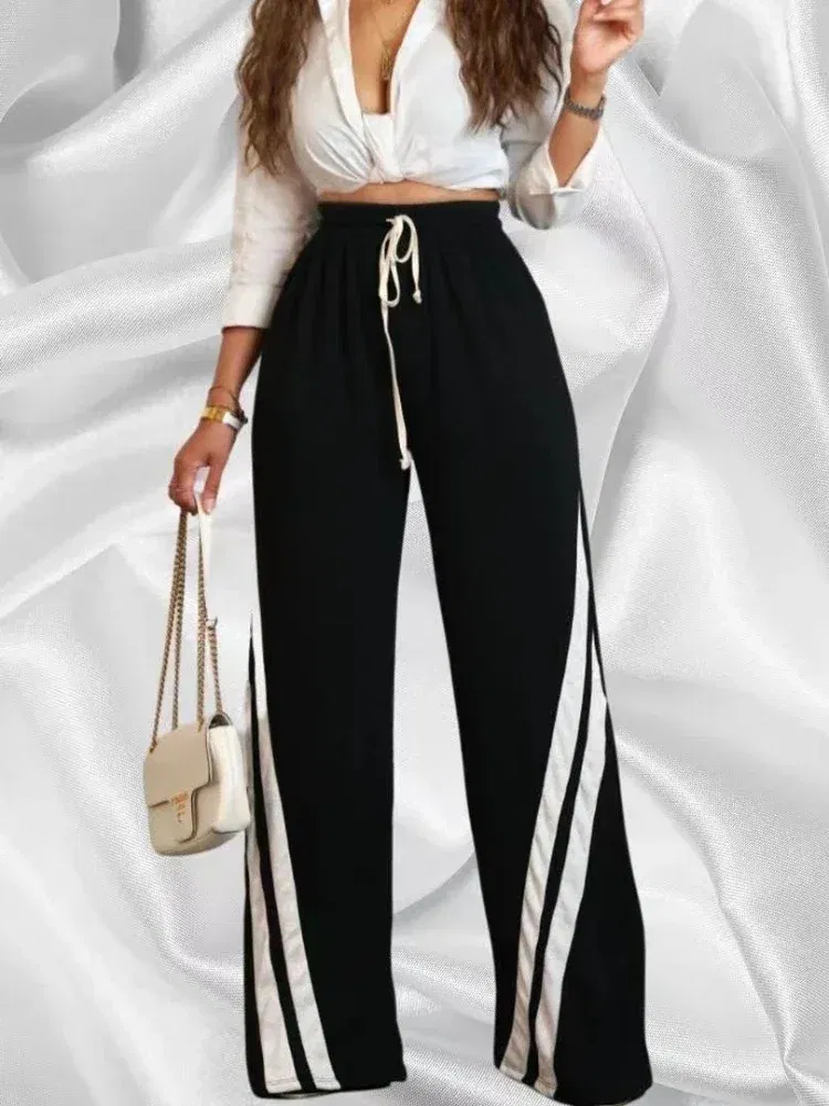 Color: black, Size: L - Women Wide Leg Pant Long Pants High Elastic Waist Elegant Splice Pocket Simple Casual Loose Straight Trousers Lace Up Streetwear