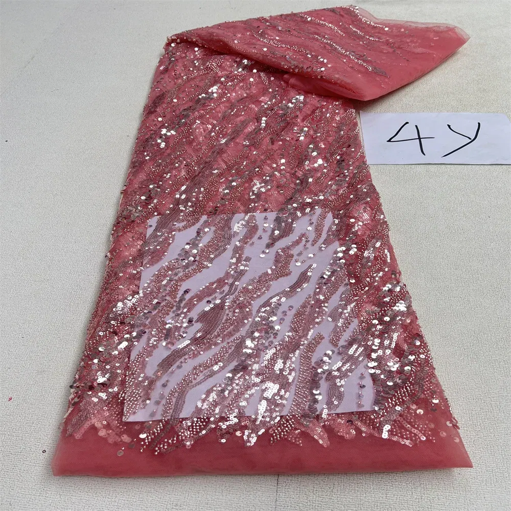 Color: Turquoise Blue, Length: 5 yards, Width: 120cm - 2025 African Nigerian Tulle Lace Fabric Sequins Sewing Guipure Beads Stone Embroidery Dresses High Quality 4 Yards