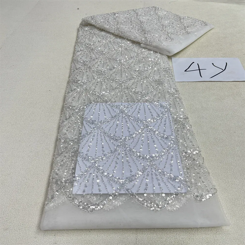Color: Turquoise Blue, Length: 5 yards, Width: 120cm - 2025 African Nigerian Tulle Lace Fabric Sequins Sewing Guipure Beads Stone Embroidery Dresses High Quality 4 Yards