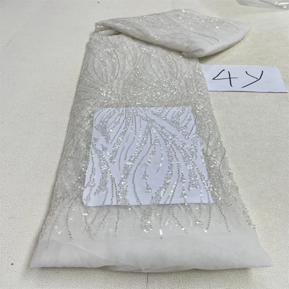 Color: Turquoise Blue, Length: 5 yards, Width: 120cm - 2025 African Nigerian Tulle Lace Fabric Sequins Sewing Guipure Beads Stone Embroidery Dresses High Quality 4 Yards