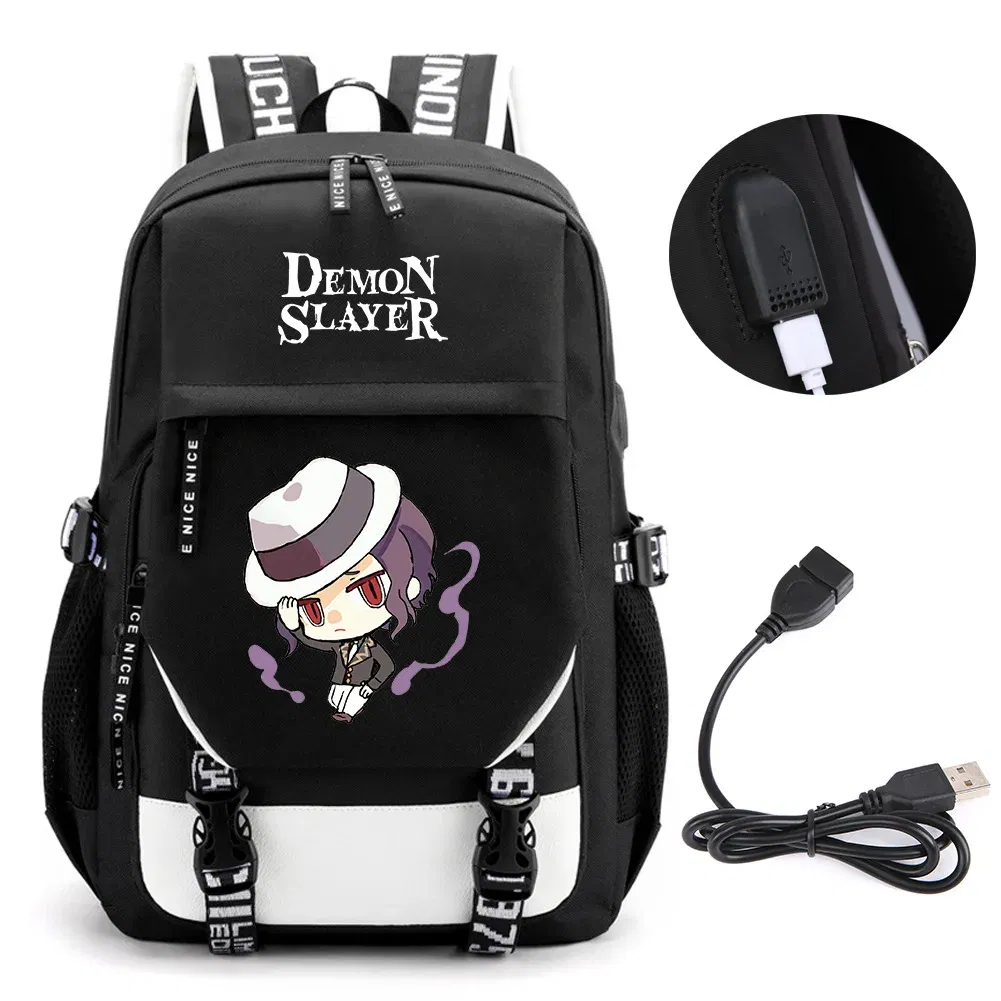 Color: Khaki - Anime Demon Slayer Kamado Nezuko Backpack School Book Bags Mochila Travel USB Port Bag Laptop Boy Girls Gift