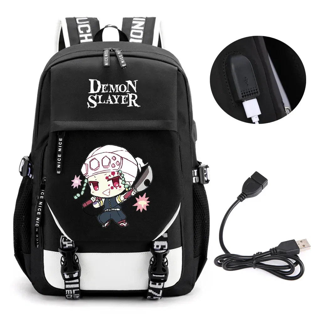 Color: Khaki - Anime Demon Slayer Kamado Nezuko Backpack School Book Bags Mochila Travel USB Port Bag Laptop Boy Girls Gift