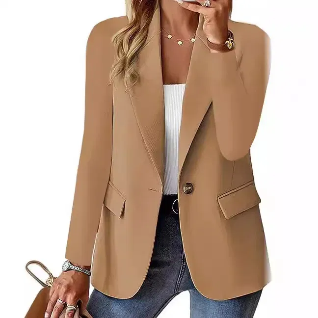 Color: Khaki, Size: S - Womens Spring Winter Down Full Long Sleeve Coat Autumn Blazer Button Outwear Suit Cardigan Female
