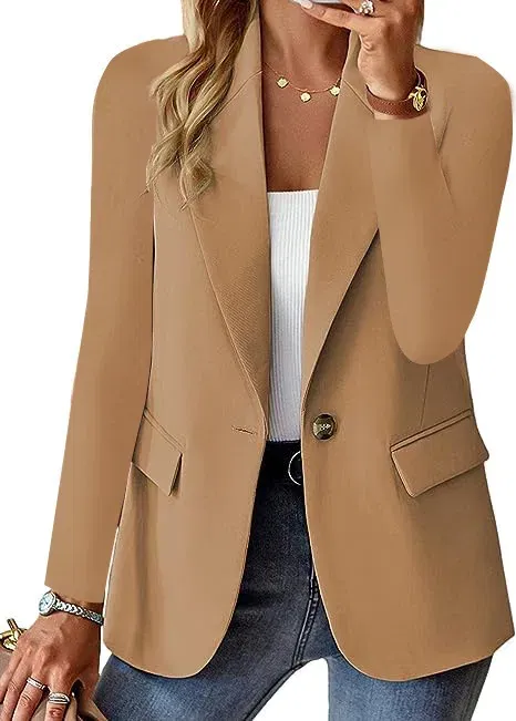 Color: Khaki, Size: S - Womens Spring Winter Down Full Long Sleeve Coat Autumn Blazer Button Outwear Suit Cardigan Female