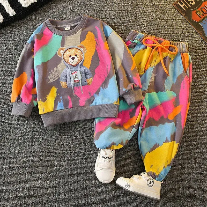 Color: Orange, Kid Size: 4, Ships From: CHINA - Spring Toddle Baby Clothes Set Fashion Graffiti Sweater and Pant Outfit Children Boy Girl Cartoon Bear Top and Bottom Tracksuit