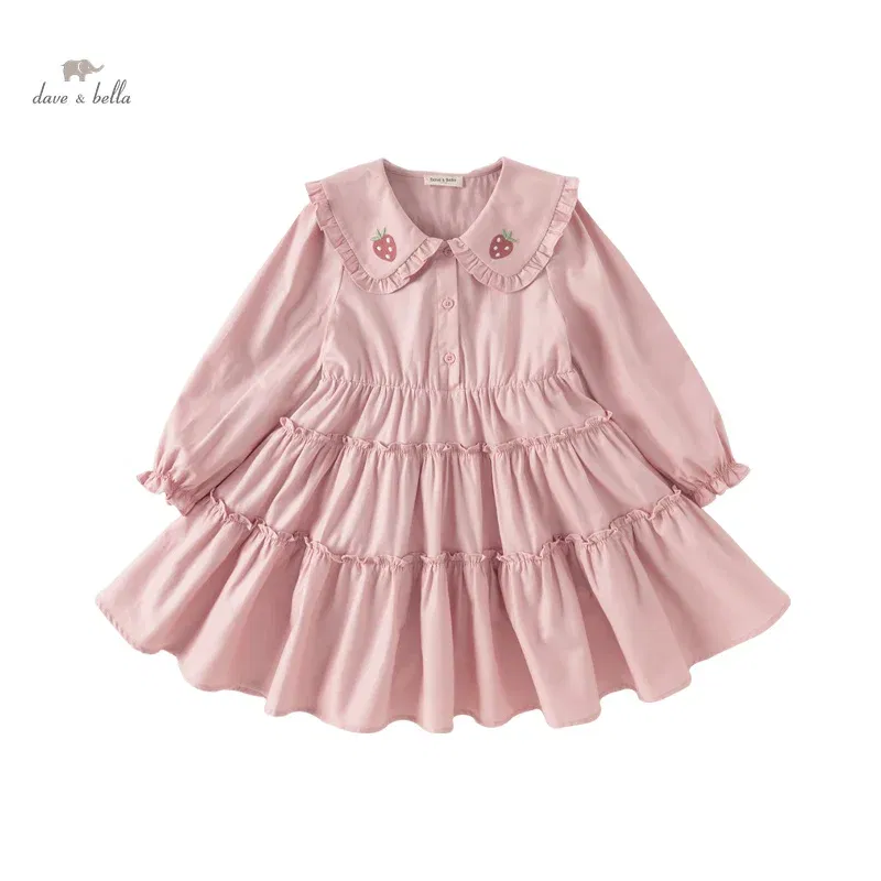 Color: Pink, Kid Size: 13T - Dave Bella Girl's Princess Dress Children 2024 New Spring Comfortable Casual Fashion Pure Cotton Sweet Gentle Pink DK1248025