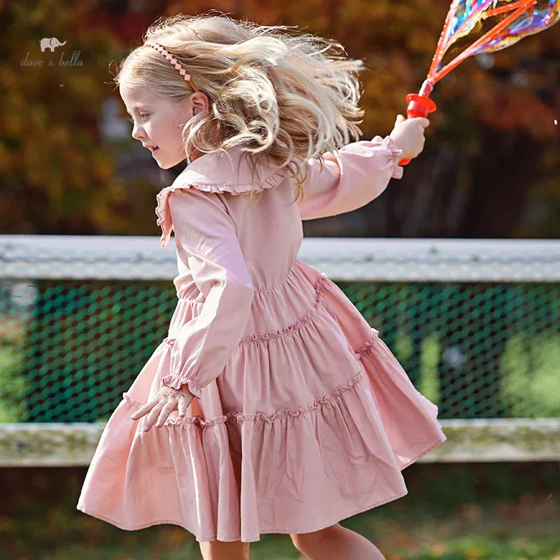 Color: Pink, Kid Size: 13T - Dave Bella Girl's Princess Dress Children 2024 New Spring Comfortable Casual Fashion Pure Cotton Sweet Gentle Pink DK1248025