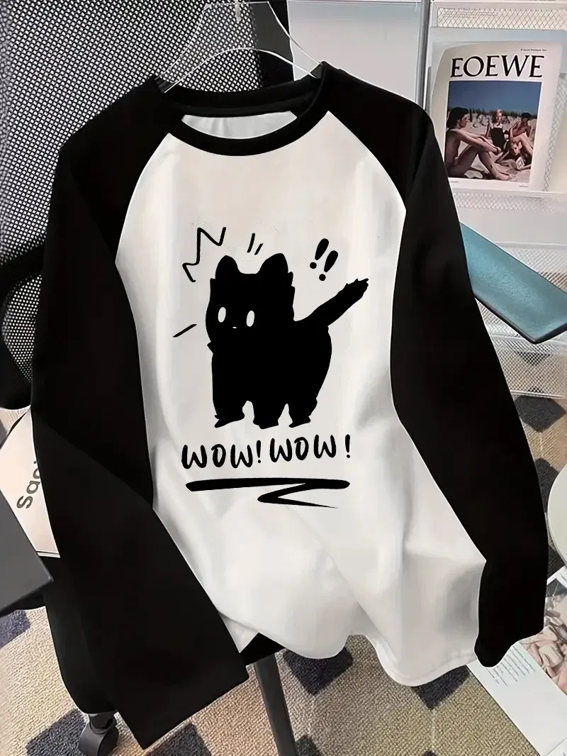 Color: WHITE, Size: L - Winter Autumn Long Sleeved Black Cat Design Shirt Funny T Shirt Women's Casual Long Sleeve T-Shirt Crew Neck Top Tee Tshirt