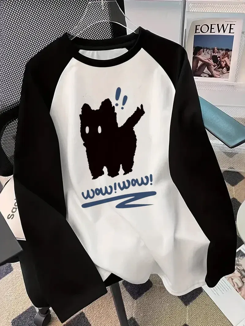 Color: WHITE, Size: L - Winter Autumn Long Sleeved Black Cat Design Shirt Funny T Shirt Women's Casual Long Sleeve T-Shirt Crew Neck Top Tee Tshirt