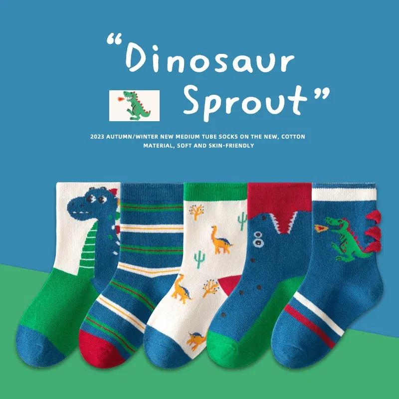 Color: SKY BLUE, Size: 7-9T - 5 Pairs/pack Autumn Socks Children's Cotton Socks Cartoon Dinosaur Pattern Kids Boys Crew Socks