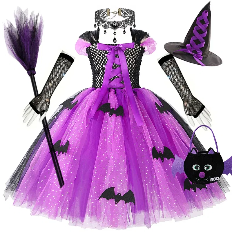 Color: Coffee, Kid Size: 2T - Halloween Witch Tutu Dress for Girls Handmade Mesh Bat Wizard Cosplay Costumes with Hat Broom Toddler Evil Party Clothes Set