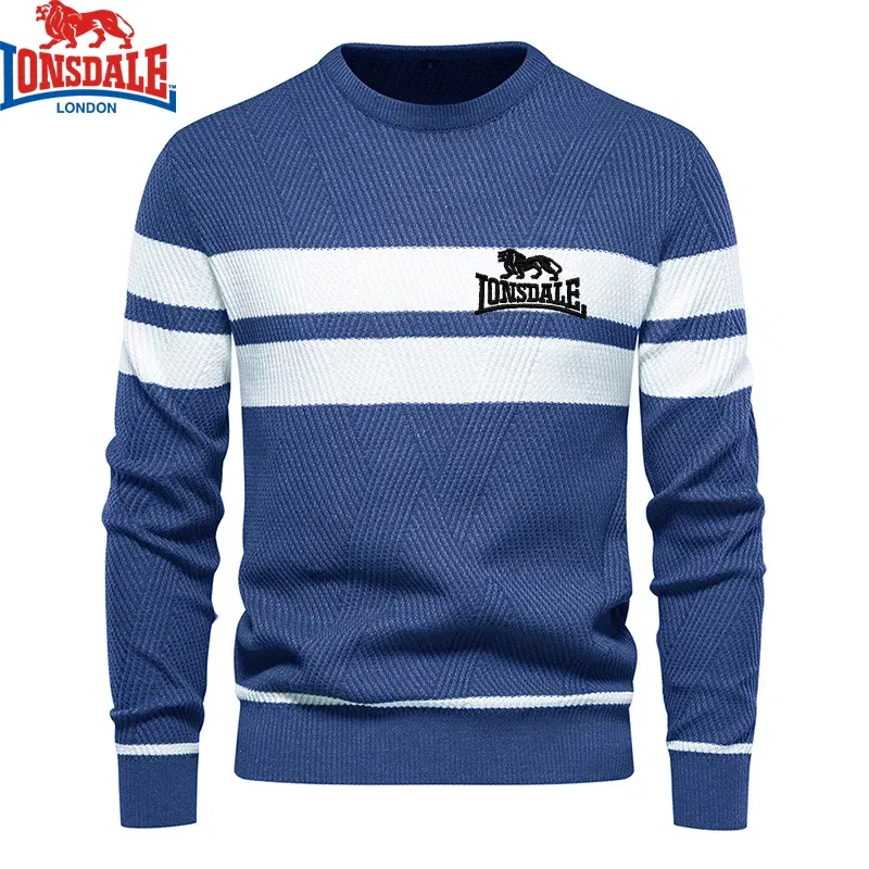 Color: Beige, Size: XXL - Embroidered LONSDALE Mens Boys Winter Stripe Sweater Thick Warm Pullovers Men's O-neck Basic Casual Slim Comfortable Sweaters