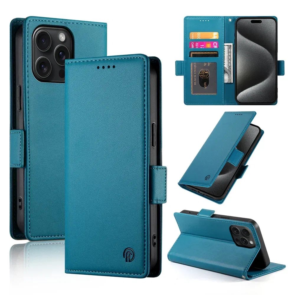 Color: Blue, Material: Artificial Leather - PU Leather Flip Phone Case For iPhone 16 15 Pro Max 16E 14 13 1211 XS Max XR X 8 7 Plus SE KickStand Cards Solt Wallet Cover