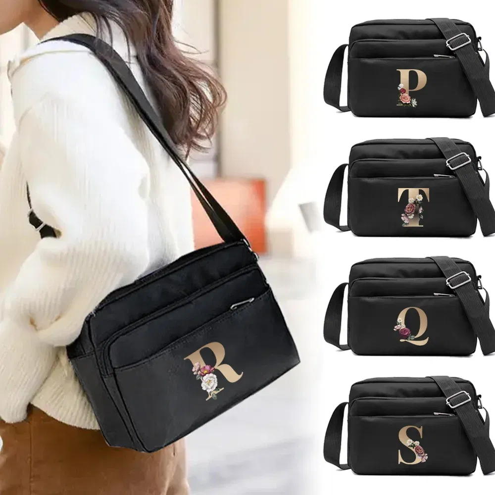 Color: MULTI - New Fashion Multi-layer Travel Leisure Simple Storage Bag Black Gold Letter Series Printing Pattern One Shoulder Crossbody Bag