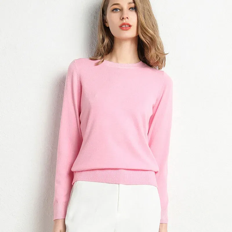 Color: Pink, Size: XXL - Women Slim O-Neck Solid Pullover Cashmere Wool Blending Sweater Autumn And Winter Long-Sleeved Knit Bottoming Shirt Large Size
