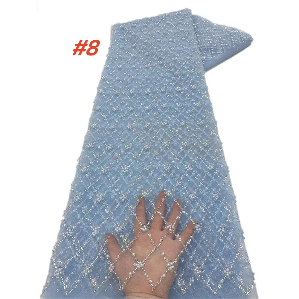 Color: Orange, Length: 5 yards, Width: 120cm - Gold African Sequins Lace Fabric 2025 High Quality French Nigerian Groom Lace Mesh Fabrics Beads For Sewing Dress Wedding Party