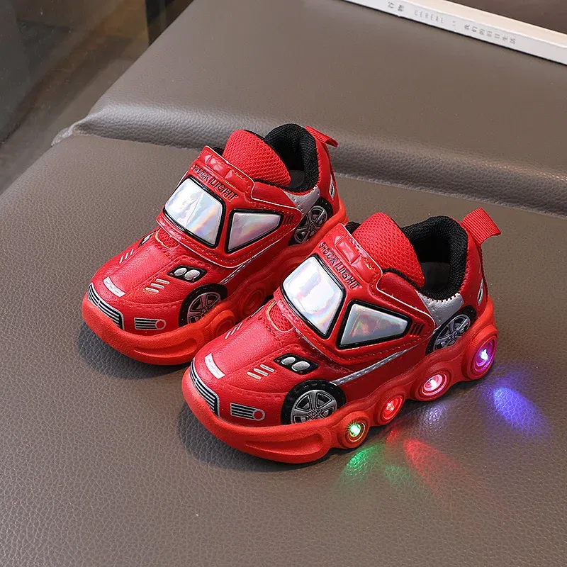 Color: Blue, Shoe Size: 28 - Diseny Kids'Casual Shoes Led Light Car Club Cartoon PU Leather Spring Shoes For Children Anti-slip Red Blue Shoes Size 21-30