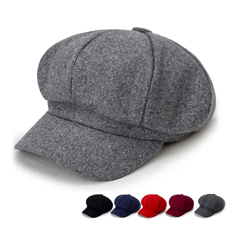 Color: GRAY - Woolen solid color beret fashion outdoor cotton hat autumn and winter windproof hats men's and women's universal caps