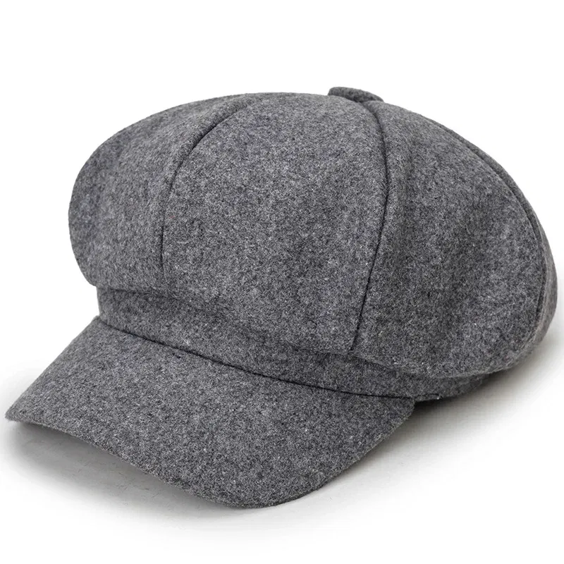 Color: GRAY - Woolen solid color beret fashion outdoor cotton hat autumn and winter windproof hats men's and women's universal caps