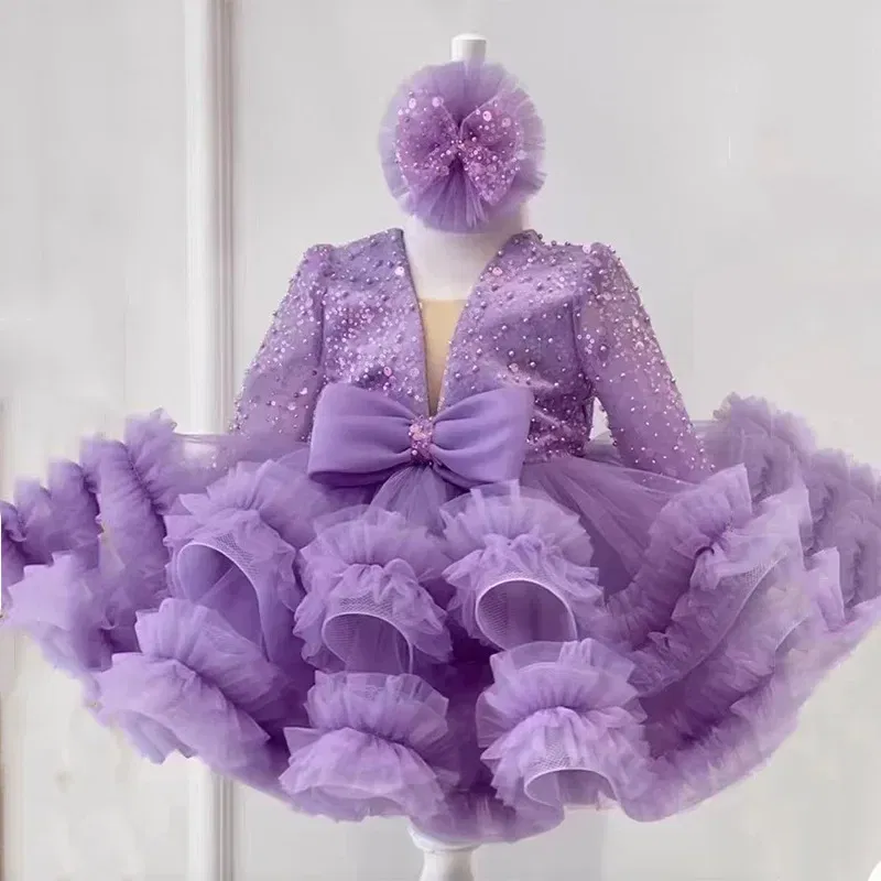 Kid Size: 10T, Color: Pink - 2-12 years old  sequin long-sleeved dress girl puffy dress girl lace birthday wedding flower girl bow performance dress