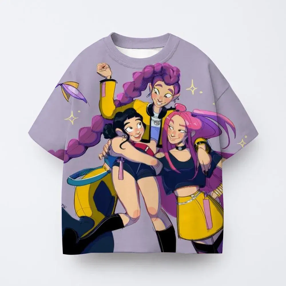 Color: Dark Grey, Kid Size: 4 - Toddler Girl Clothes Kpop Demon Hunters Cartoon Tee Shirt Funny Gift for Fans Harajuku Cool Kids T-shirts Cotton Summer Tops