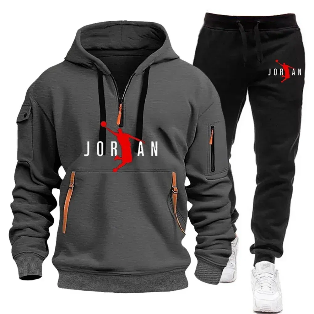 Color: Brown, Size: XXXL - 2025 new men's zipper multi-pocket hoodie loose casual sweater suit spring and autumn European size new fashion print
