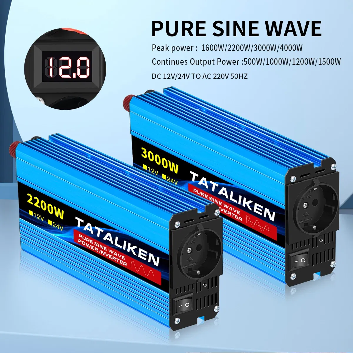 Color Name: GRAY - Pure Sine Wave Inverter 1600W/2200W/3000W/4000W DC 12V/24V to AC 220V 50hz Power Inverter Charger Converter Adapter EU Socket