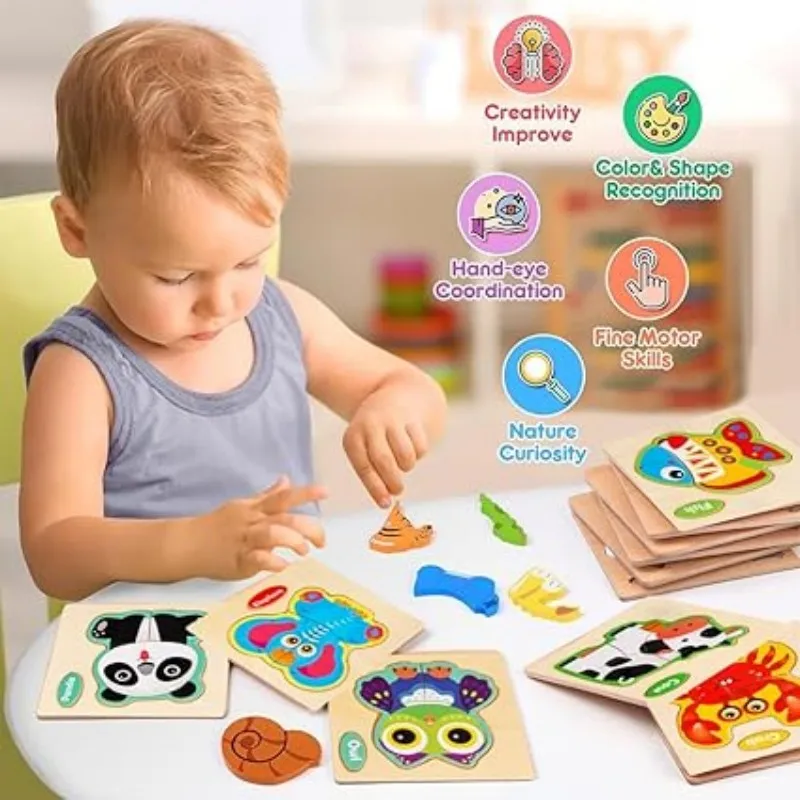 Color: Pink, Ships From: CHINA - Wooden Puzzle Jigsaw Toys For Children Wood 3d Cartoon Animal Puzzles Intelligence Kids Early Educational Toys for Children