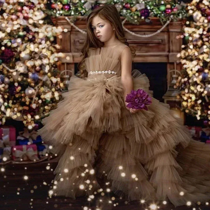 Kid Size: 14, Color: Coffee - Baby Girls Princess Dress Sleeveless High Waist Children Mesh Tutu Dresses Girls Birthday Party Clothing Kids Wedding Dress New
