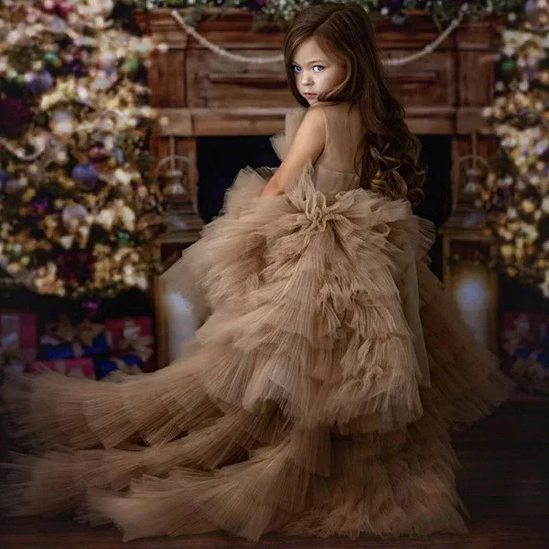 Kid Size: 14, Color: Coffee - Baby Girls Princess Dress Sleeveless High Waist Children Mesh Tutu Dresses Girls Birthday Party Clothing Kids Wedding Dress New
