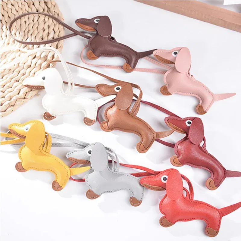 Color: Pink - Classic Cute Puppy Dog Bag Pendant Key chain Fashion PU Leather Dachshund key Ring Accessories