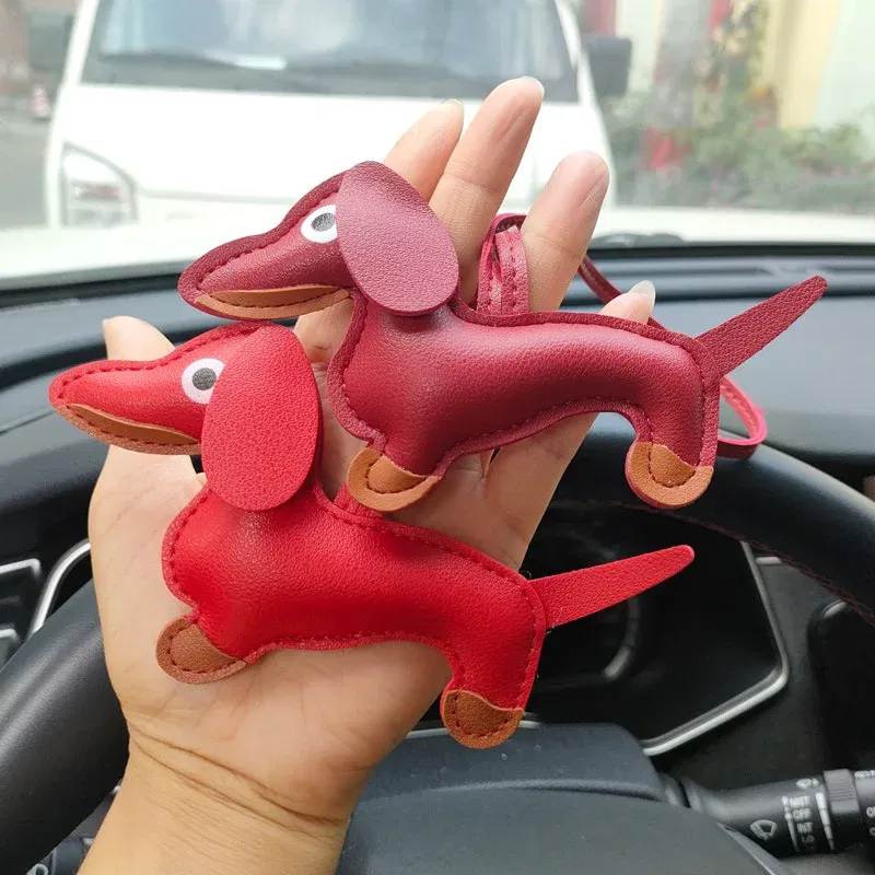 Color: Pink - Classic Cute Puppy Dog Bag Pendant Key chain Fashion PU Leather Dachshund key Ring Accessories