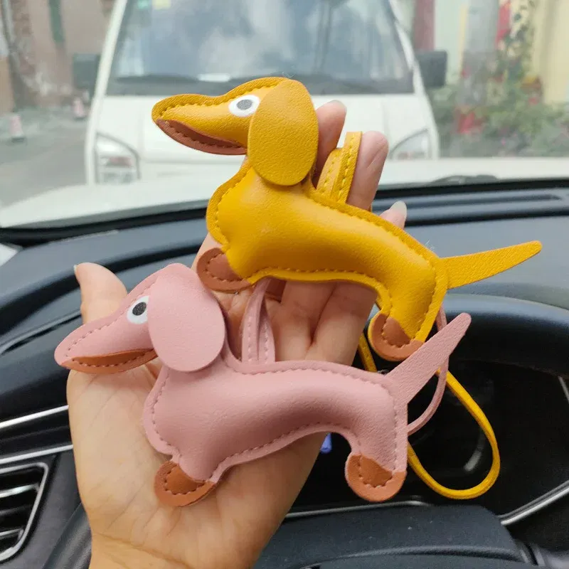 Color: Pink - Classic Cute Puppy Dog Bag Pendant Key chain Fashion PU Leather Dachshund key Ring Accessories