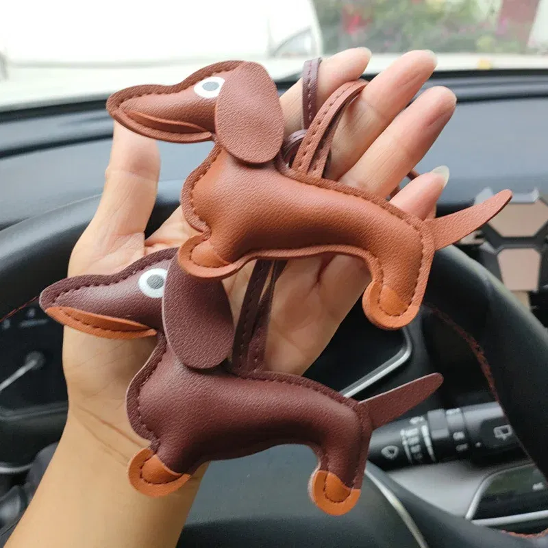 Color: Pink - Classic Cute Puppy Dog Bag Pendant Key chain Fashion PU Leather Dachshund key Ring Accessories