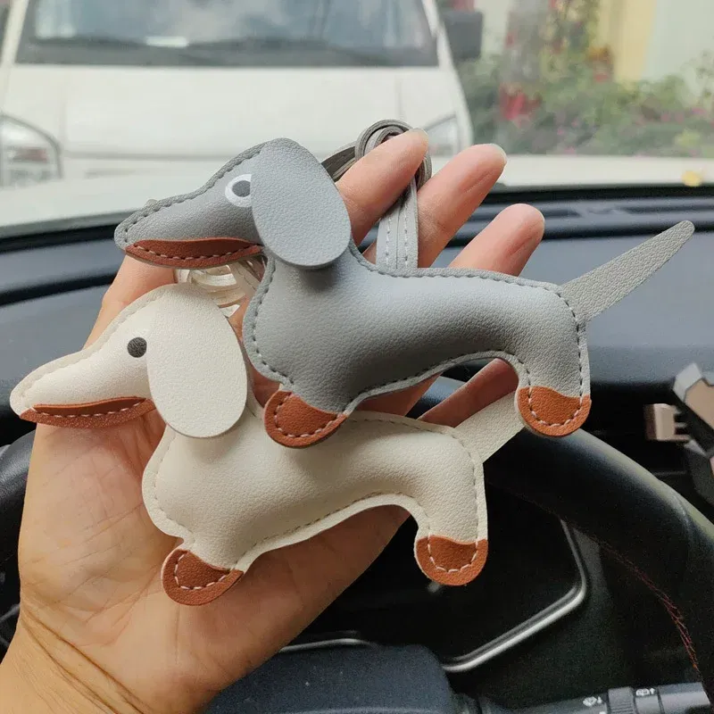Color: Pink - Classic Cute Puppy Dog Bag Pendant Key chain Fashion PU Leather Dachshund key Ring Accessories