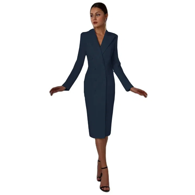 Color: Navy Blue, Size: XS - Women's Suit Long Blazer Double Breasted Jacket White Tuxedo Party Point Lapel Clothes спор?‚ивн?‹й кос?‚юм ?¶?µнск
