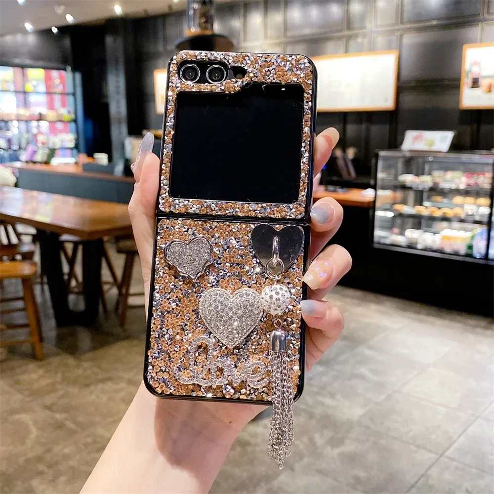Color: Silver, Material: Aluminum - Luxury Heart Diamond Tassel Phone Case for Samsung Galaxy Z Flip5 Case Z Flip4 Cover Z Flip3 Capa Z Flip 5 4 3 Cover 5G