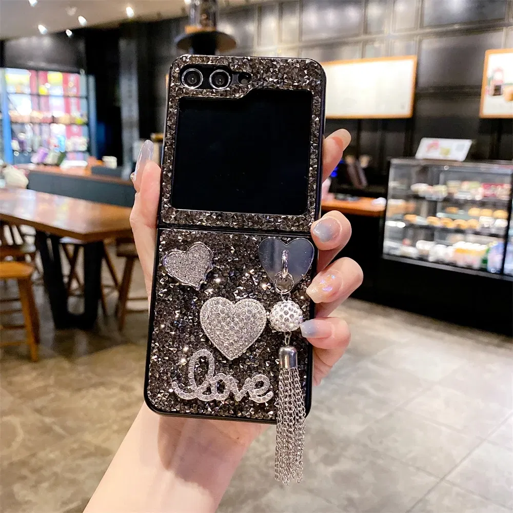 Color: Silver, Material: Aluminum - Luxury Heart Diamond Tassel Phone Case for Samsung Galaxy Z Flip5 Case Z Flip4 Cover Z Flip3 Capa Z Flip 5 4 3 Cover 5G