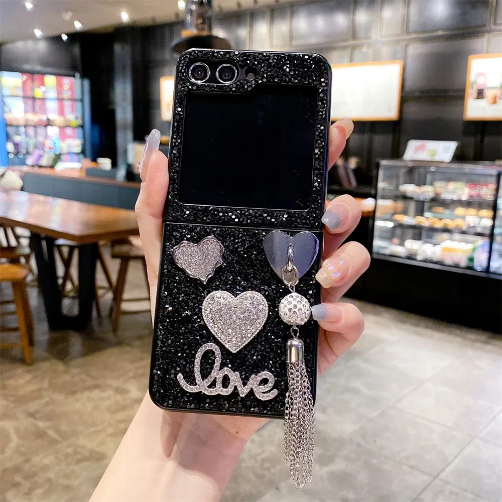 Color: Silver, Material: Aluminum - Luxury Heart Diamond Tassel Phone Case for Samsung Galaxy Z Flip5 Case Z Flip4 Cover Z Flip3 Capa Z Flip 5 4 3 Cover 5G