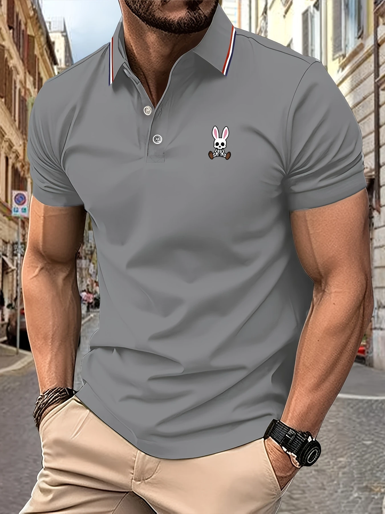 Color: GRAY, Size: L - Mens Polo Shirts Skulls Rabbit Print 2025 New Summer Lapel Stripes Men Short Sleeve Casual Breathable Light Luxury T-Shirt