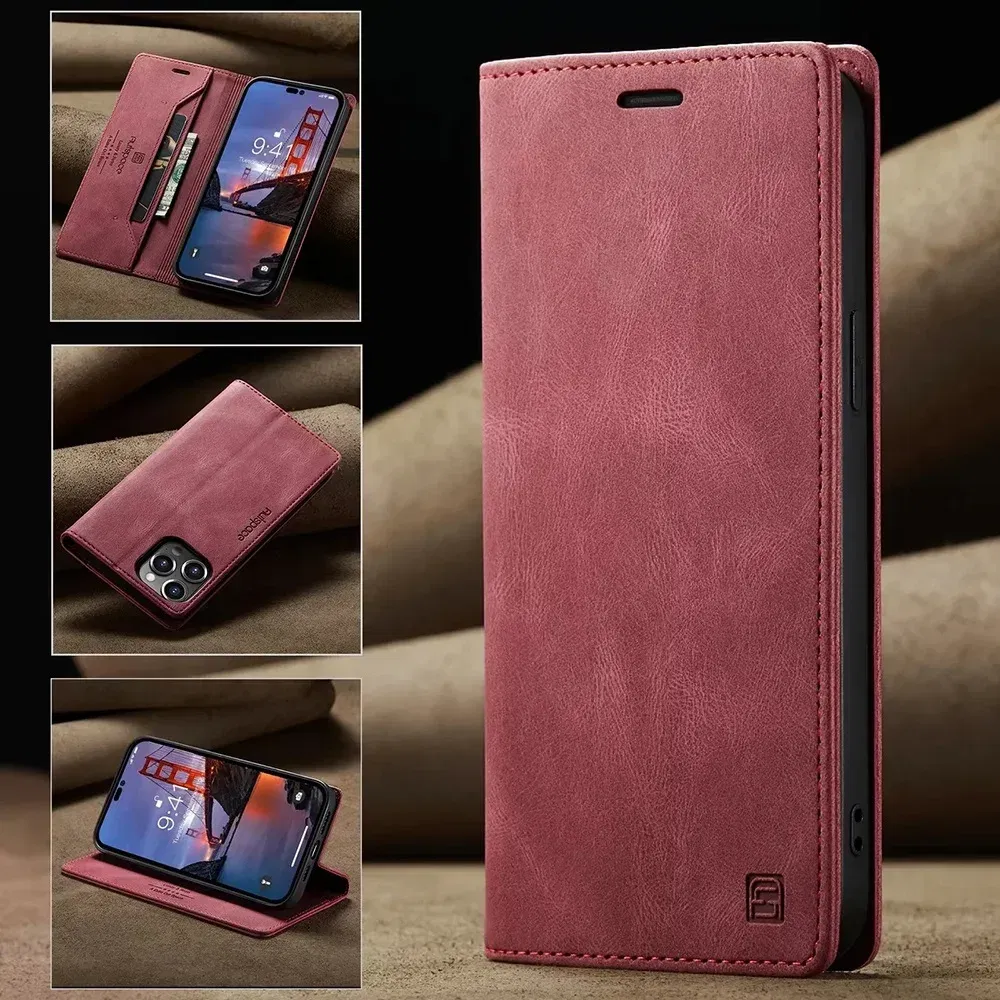 Color: Red, Material: Silicon - Leather Cases for IPhone 16 15 14 13 12 11 Pro Max XR XS Max 8 7 6s Plus SE 2022 2020 Wallet Folio Flip Cover Rfid Blocking