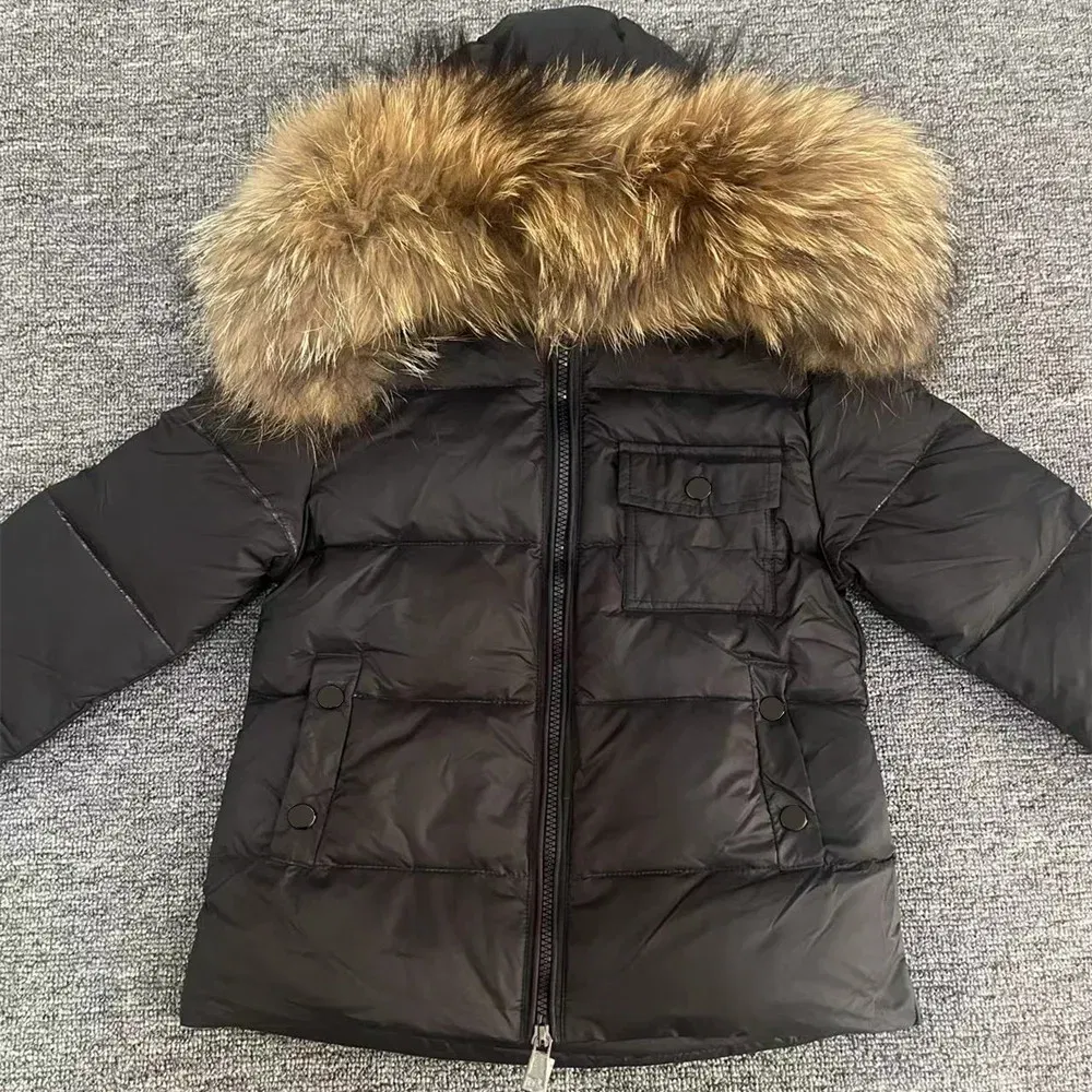 Color: Khaki, Kid Size: 3T - Kids Winter Down Jacket Shiny Real Raccoon Fur Collar Toddler Boys Hooded Coat Baby Girls Warm Snowsuit Children's Parkas