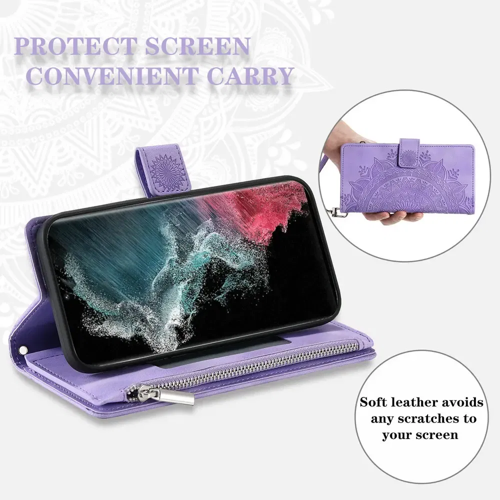 Color: Black Green, Material: Plastic - S 23 S24 Ultra 5G Leather Case for Samsung Galaxy S23 Ultra Flip Cover Zipper CrossBody Book Funda S 24 Plus S23 FE Wallet Etui