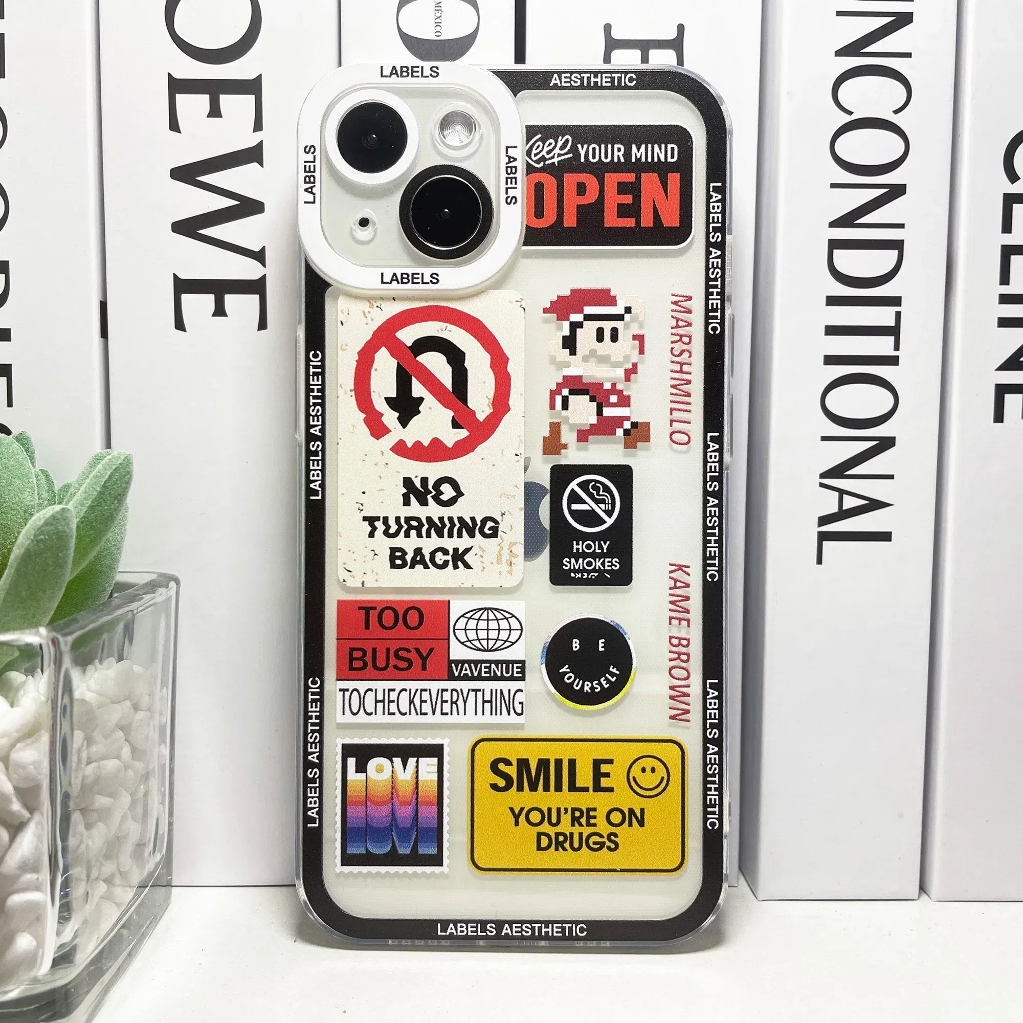 Color: Beige, Material: Cotton Fabric - Mix Labels Aesthetic Stickers Collage Phone Case For iPhone 16 15 14 13 12 11 Pro Max Mini XS X XR SE 7 8 Plus Clear Soft Cover