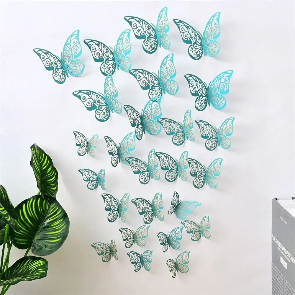 Color: DARK GRAY - 12 Pieces 3D Hollow Butterfly Wall Sticker Bedroom Living Room Home Decoration Paper Butterfly