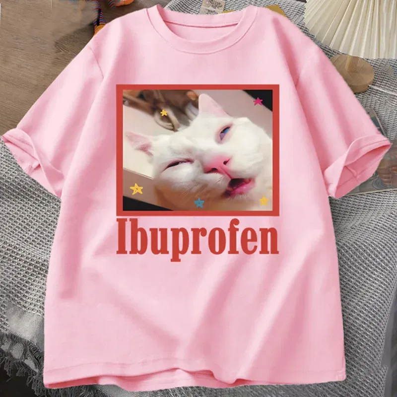 Color: Pink, Size: XS?€old?‰ - Ibuprofen Cat Meme Tshirt Funny Cat Graphic Tee Cute Cat Lover Cotton T-Shirt Casual Funny T Shirts Unisex Oversized Tshirt Tee